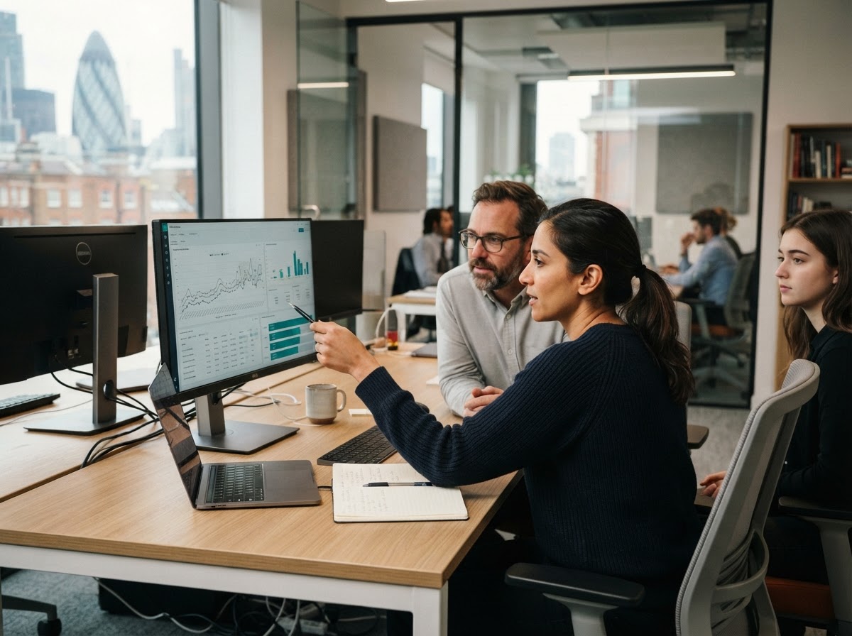 Merrivexa analyst reviewing portfolio liquidity data on a workstation